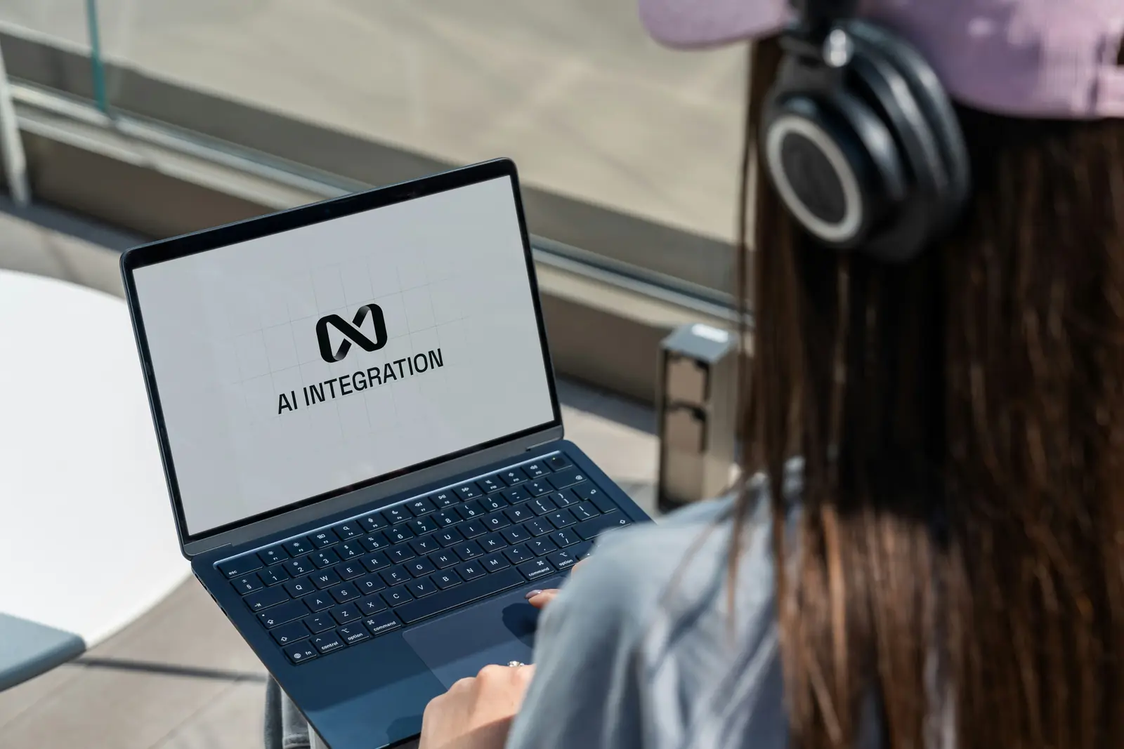 A person working on a laptop showing an AI integration screen